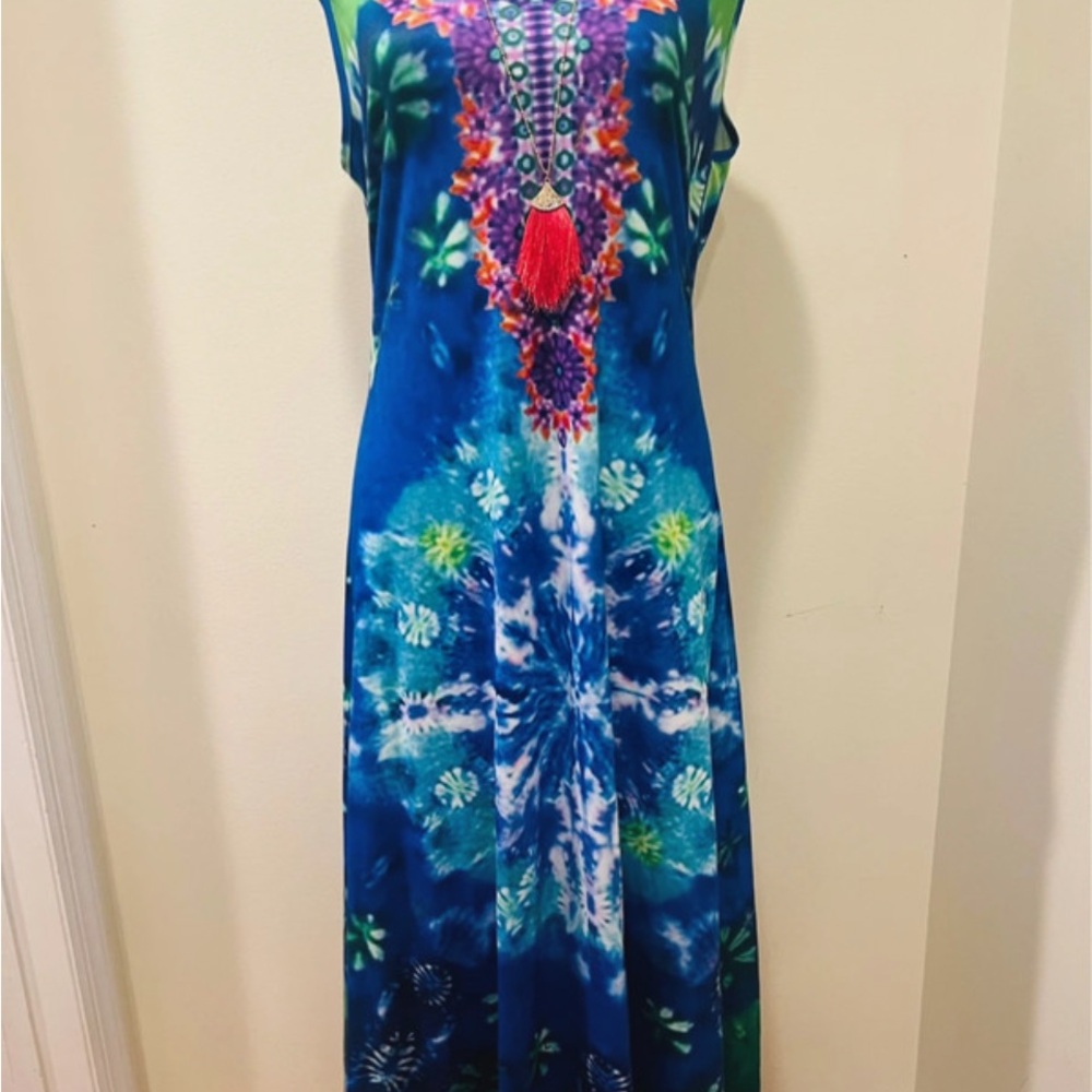 Blue Tropical Boho Maxi Dress Embellished Resort Cruise Vacation M - Picture 7 of 9